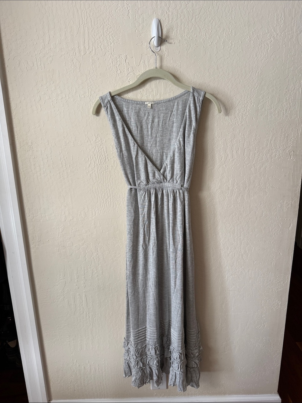 J. Crew Heather Gray Sleeveless Midi Dress with Gathered Waist